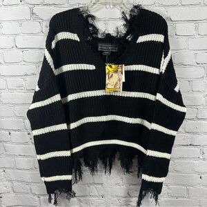 Poly & Esther Distressed Frayed Edge Sweater V-Neck Black & White Stripes L NWT